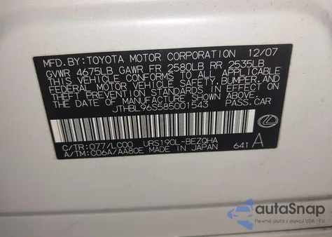 2008 Lexus Gs 460 from USA, damaged, VIN JTHBL96S585001543